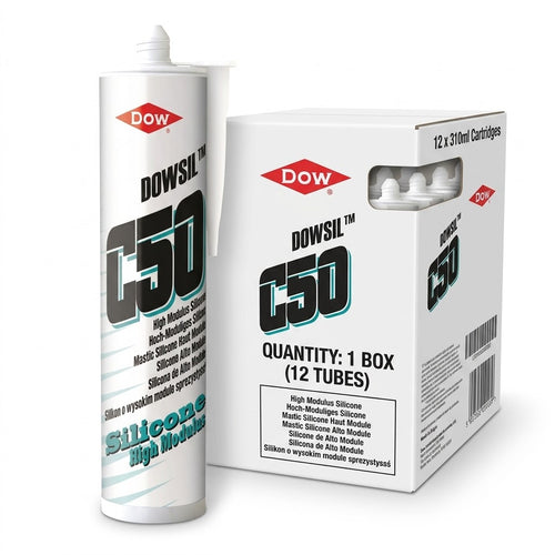 Dow DOWSIL C50 silicone sealant tube and packaging on a white background